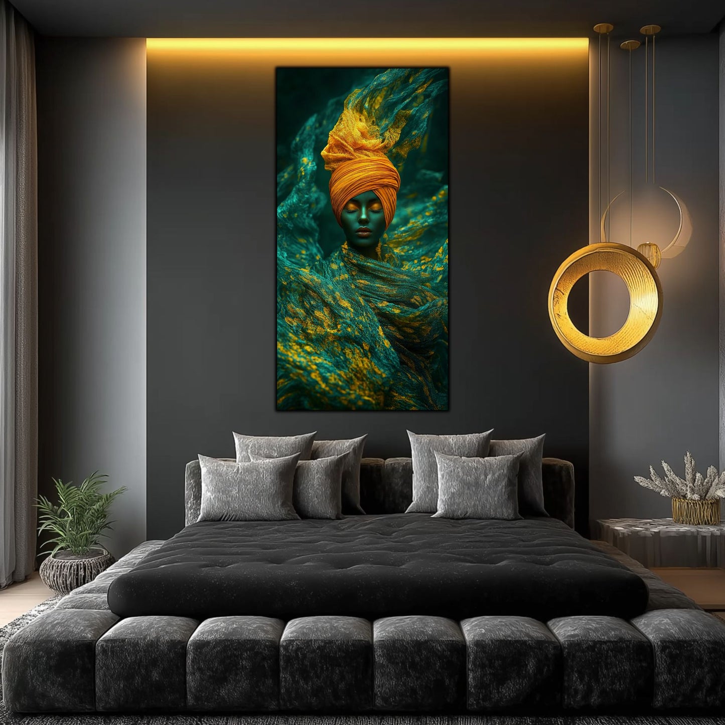 Tablou pe sticla securizata cu portretul scufundat in meditatie al unei femei, care it va transforma livingul.