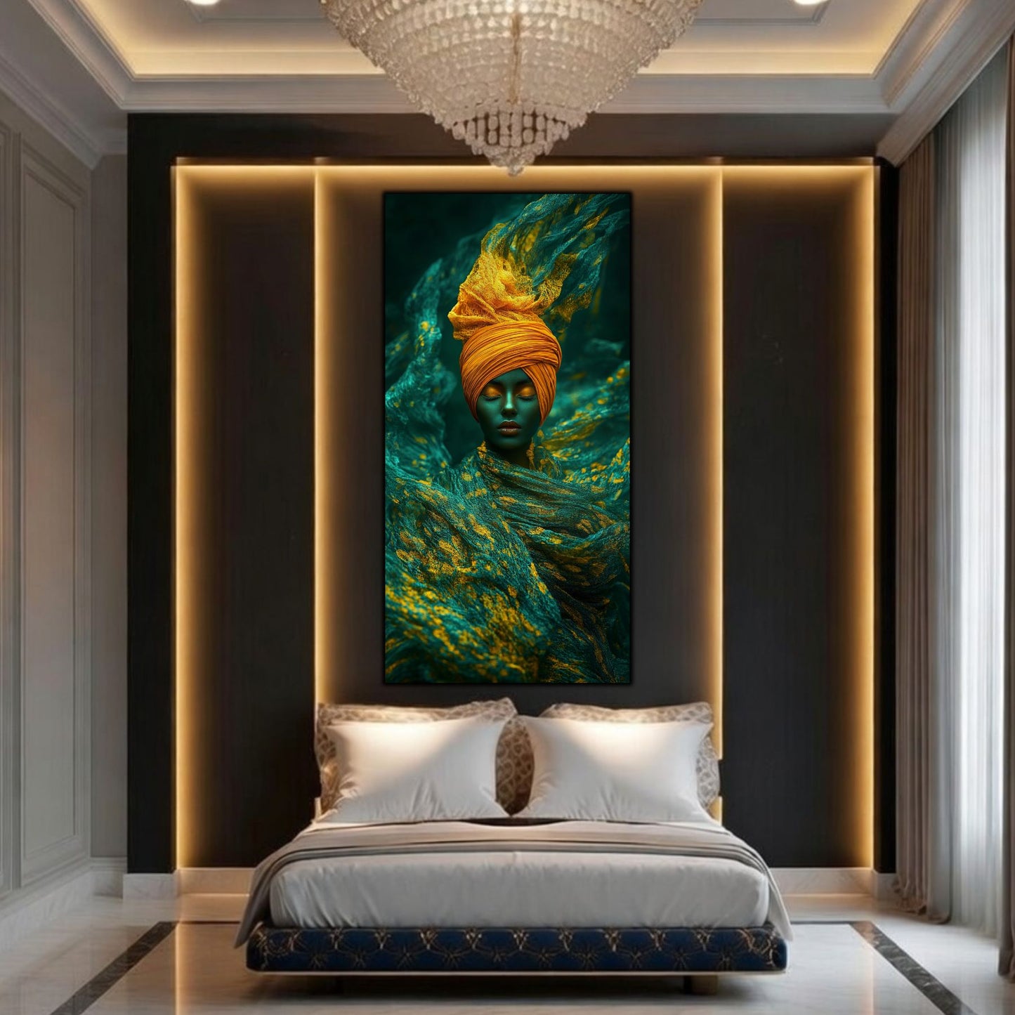 Tablou printat pe sticla securizata, deasupra patului unui dormitor elegant care transmite lux prin accente aurii superbe