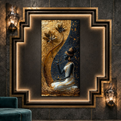 Tablou vertical Saffron Passage pe sticlă securizată, în interior Art Deco întunecat, cu nișă geometrică iluminată