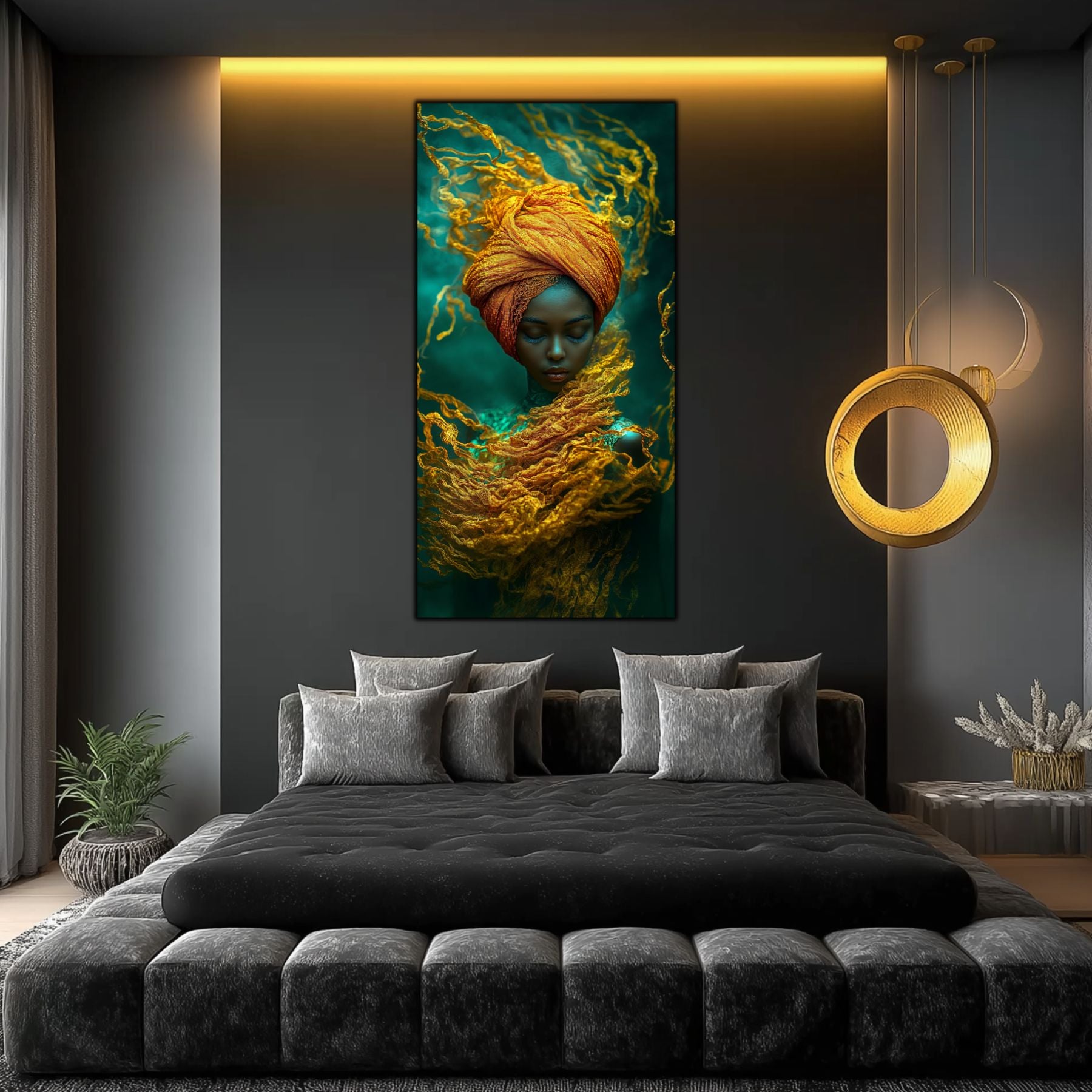 Tablou pe sticla care decoreaza un dormitor modern, dand viata peretelui, cu portret feminin superb si dramatic.