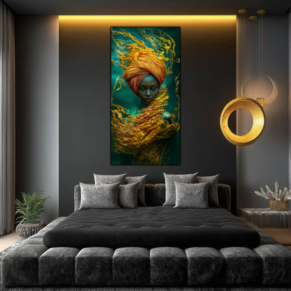 Tablou pe sticla care decoreaza un dormitor modern, dand viata peretelui, cu portret feminin superb si dramatic.