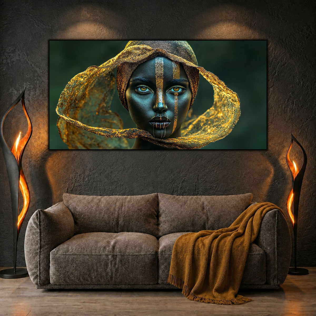 Tablou din sticlă pentru dormitor art-zen ediție unicat 1/1 portret sculptural cu turban auriu pe sticlă securizată 4mm finisaj galerie