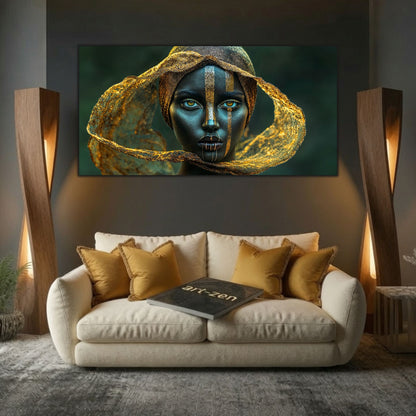 Tablou din sticlă pentru dormitor Golden Gaze of Serenity 160x80 cm cu foiță de aur și ochi turcoaz pe sticlă securizată ultra-clară art-zen