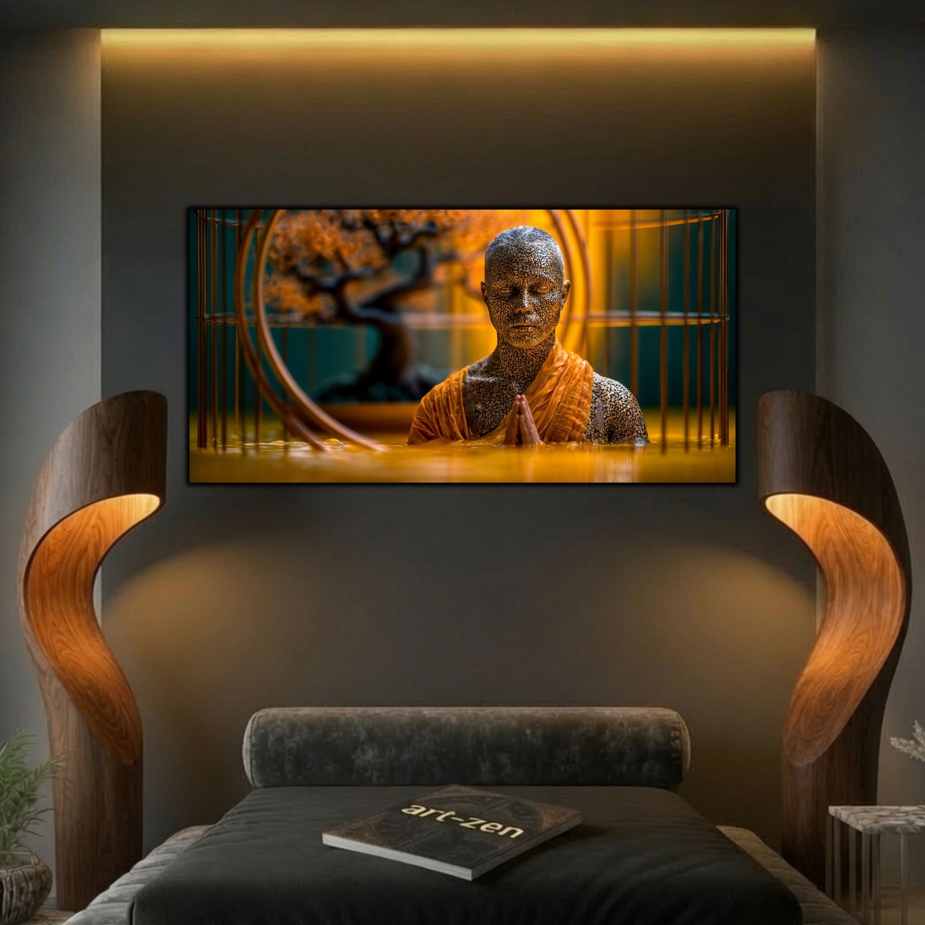Tablou de artă zen pe sticlă, element central de decor integrat armonios pe peretele unei sufragerii elegante.