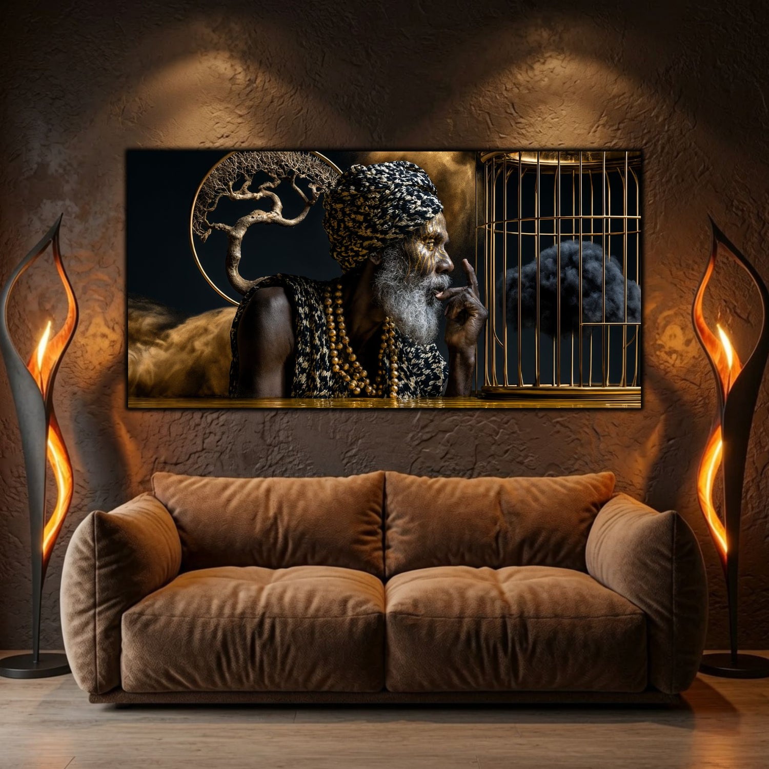 Integrare tablou într-un decor interior modern, estetică zen-luxury cu iluminare ambientală reflexivă.