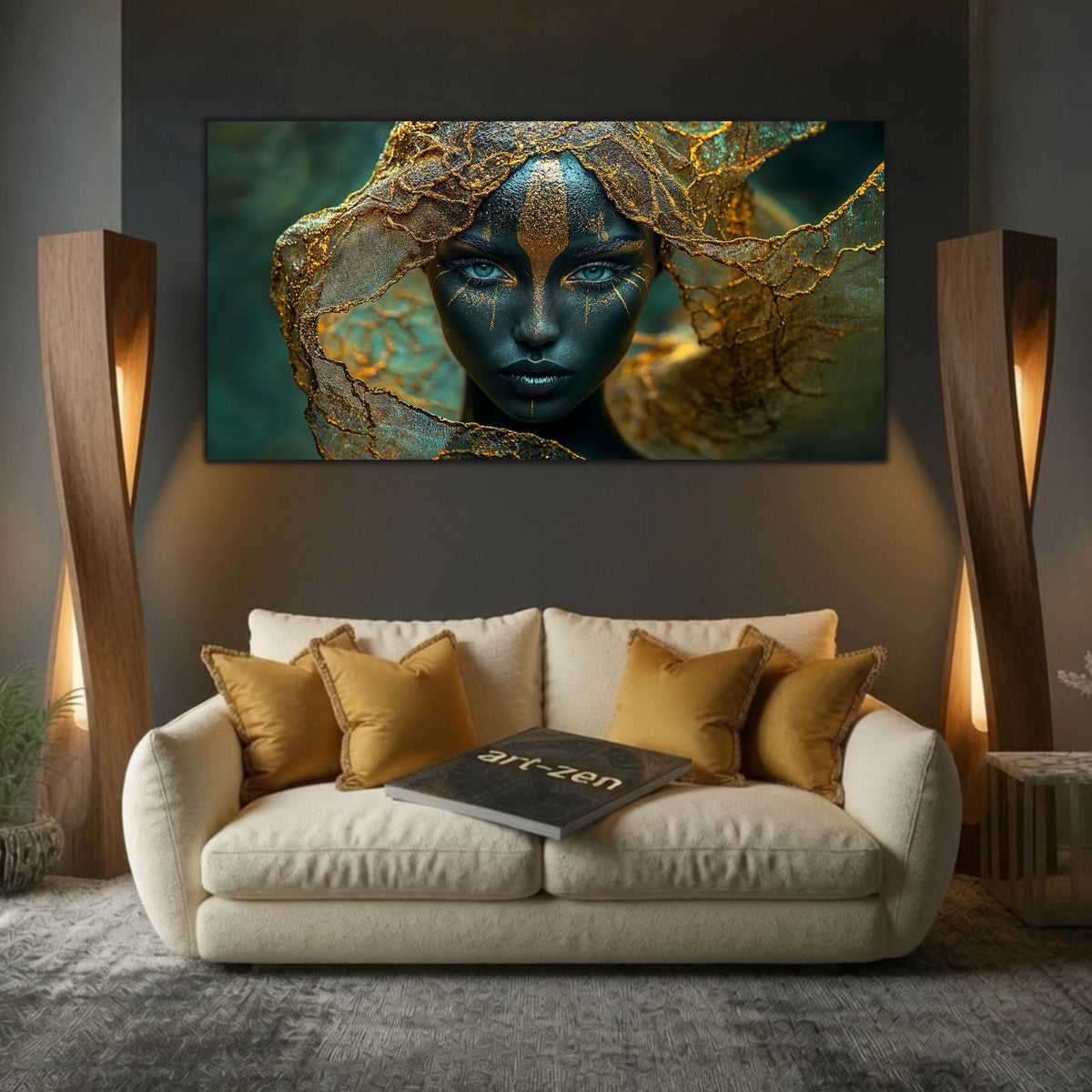 Tablou din sticlă pentru dormitor Aura of Silence 160x80 cm cu portret sculptural și foiță de aur pe sticlă securizată ultra-clară art-zen