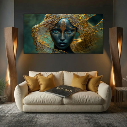 Tablou din sticlă pentru dormitor Aura of Silence 160x80 cm cu portret sculptural și foiță de aur pe sticlă securizată ultra-clară art-zen