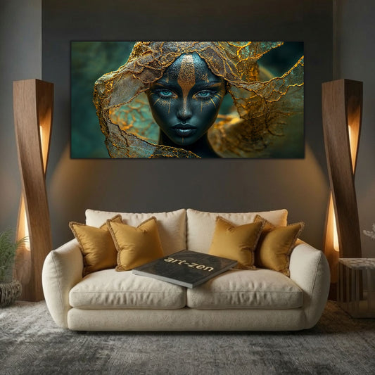 Tablou din sticlă pentru dormitor Aura of Silence 160x80 cm cu portret sculptural și foiță de aur pe sticlă securizată ultra-clară art-zen