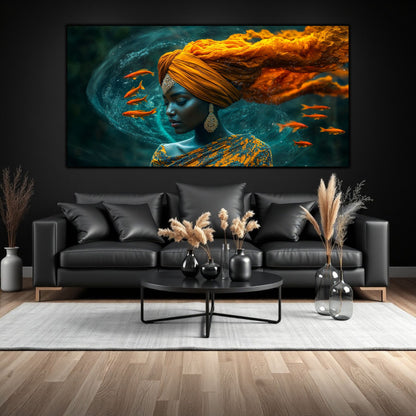 Tablou pe sticlă securizată cu portret feminin seren sub apă, voaluri fluide și particule aurii, simbolizând eliberarea de stres și liniștea interioară.