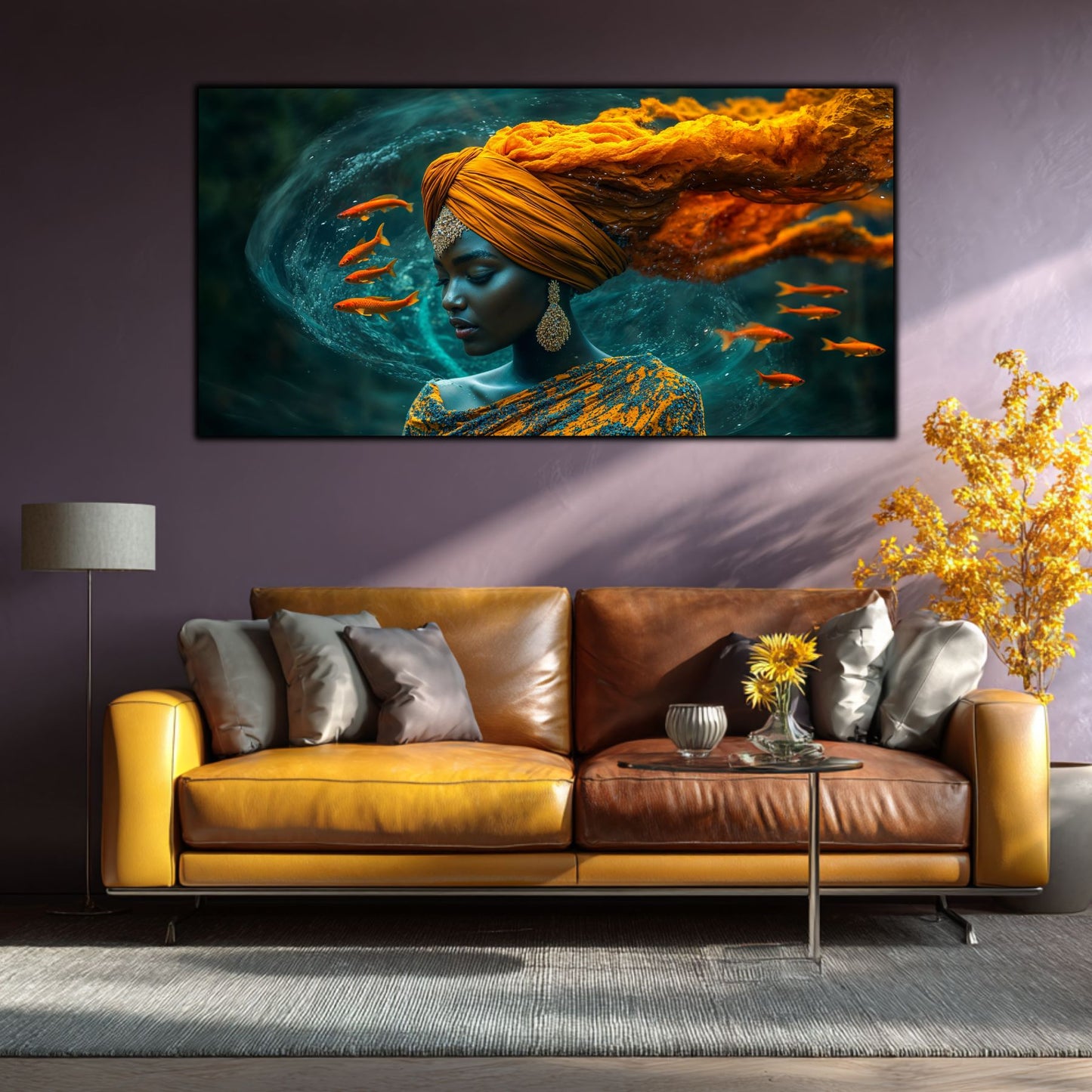 Tablou cu portret feminin pe sticla, deasupra unei canapele dragute, printat pe sticla securizata, care transfoerma in spectaculos designul camerei in care este asezat.