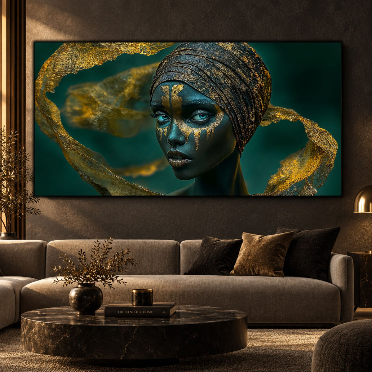 Tablou din sticlă pentru dormitor art-zen ediție unicat 1/1 portret sculptural femeie cu reflexii de aur și smarald pe sticlă securizată 4mm