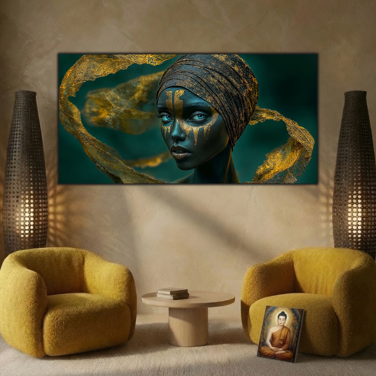 Tablou din sticlă pentru dormitor The Golden Mirage 160x80 cm cu turban și văl auriu pe sticlă securizată ultra-clară art-zen   