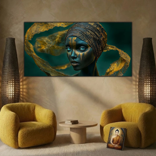 Tablou din sticlă pentru dormitor The Golden Mirage 160x80 cm cu turban și văl auriu pe sticlă securizată ultra-clară art-zen   