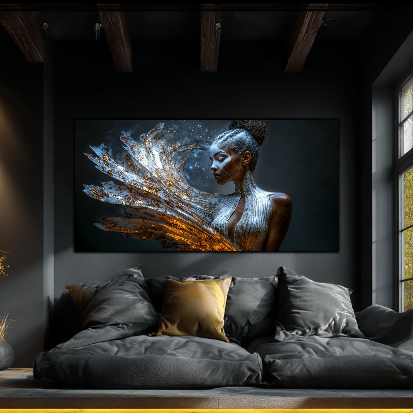 Tablou pe sticla printat uv cu arta cosmica si introspectiva, care da mister dormitorului in care este agatat.