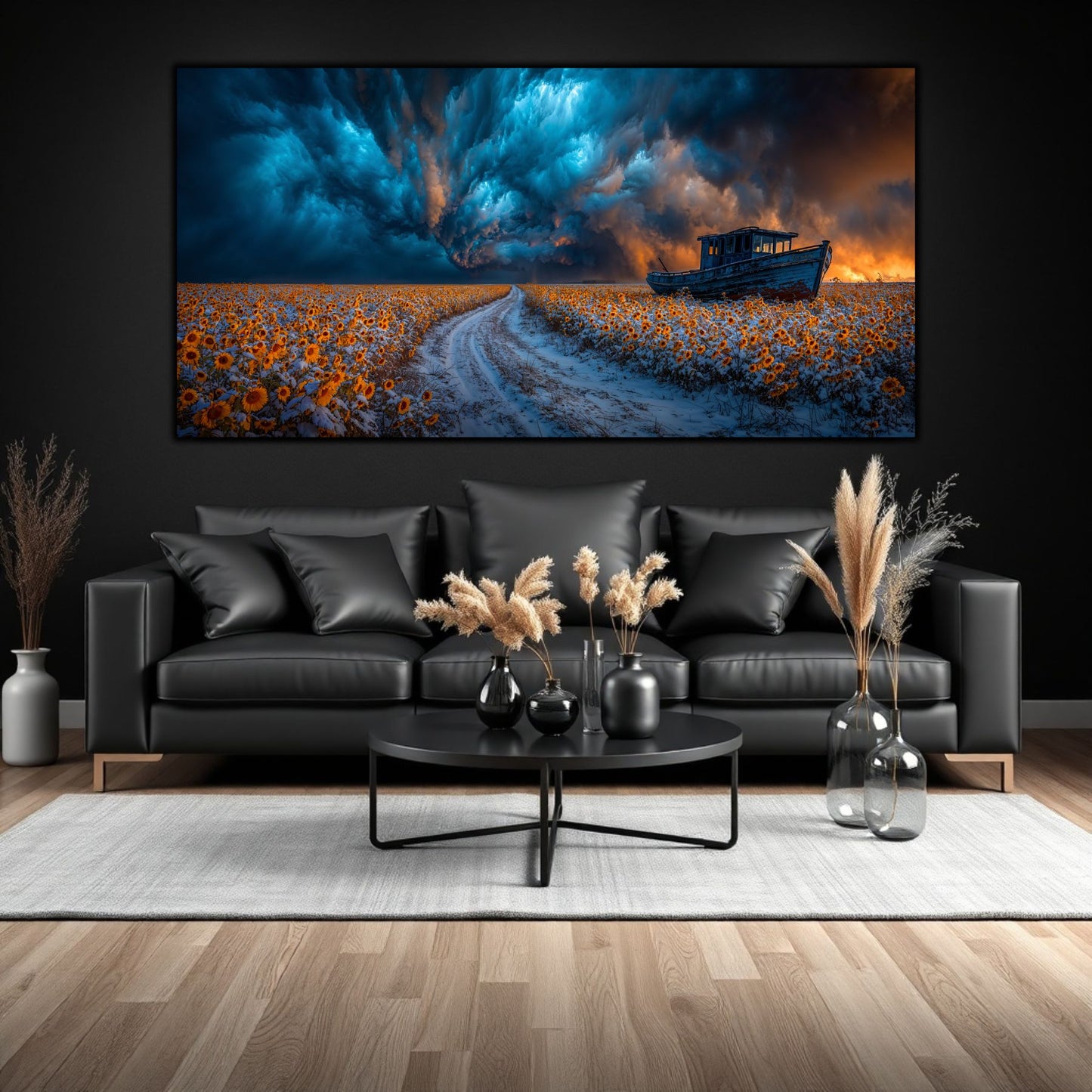tablou unicat printa pe sticla securizata cu imaginea paradoxala a unei corabii esuate intr-un lan de floarea-soarelui acoperita de zapada. Un tablou care te pune pe ganduri.