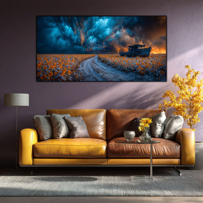 Tablou Sticla Securizata Paradoxul Supravietuirii: Corabia din Lanul de Floarea Soarelui | Editie Unicat