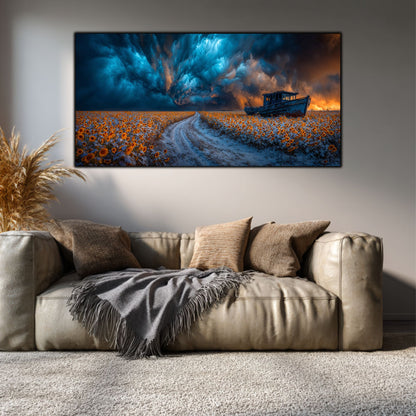 Tablou Sticla Securizata Paradoxul Supravietuirii: Corabia din Lanul de Floarea Soarelui | Editie Unicat