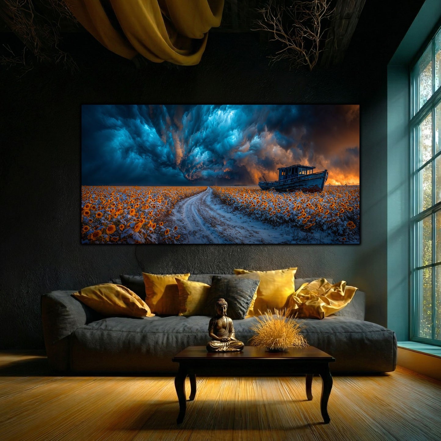 Tablou Sticla Securizata Paradoxul Supravietuirii: Corabia din Lanul de Floarea Soarelui | Editie Unicat