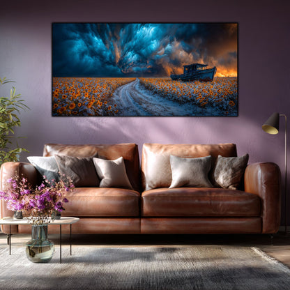 Tablou Sticla Securizata Paradoxul Supravietuirii: Corabia din Lanul de Floarea Soarelui | Editie Unicat