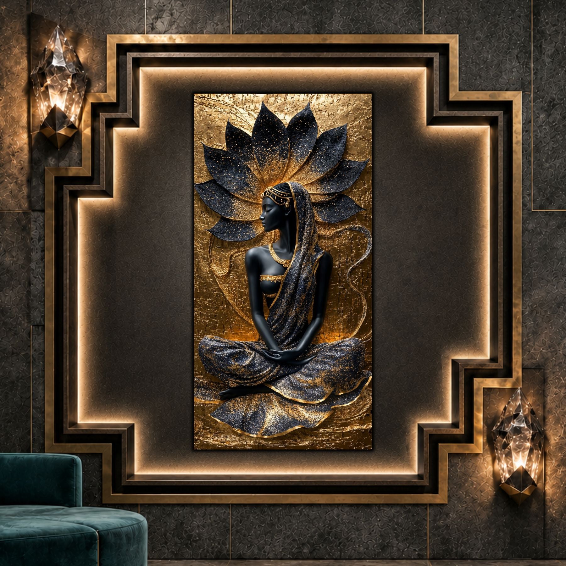 Tablou vertical Lotus Within pe sticlă securizată, în interior Art Deco întunecat, cu nișă geometrică iluminată