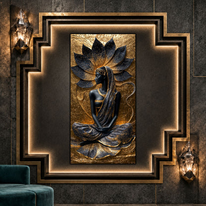 Tablou vertical Lotus Within pe sticlă securizată, în interior Art Deco întunecat, cu nișă geometrică iluminată