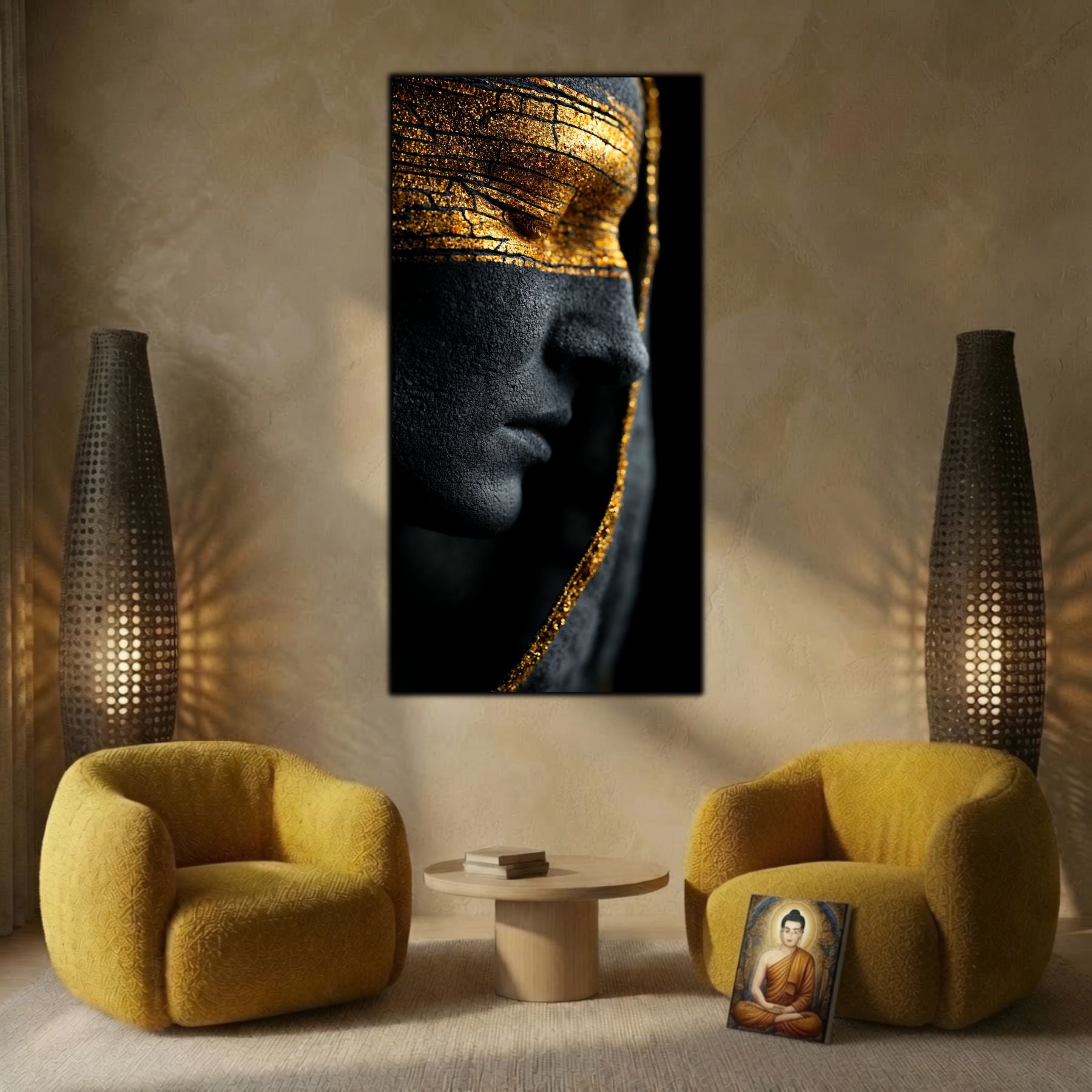 ablou mare pentru sufragerie, design zen luxury cu texturi de piatră și aur, iluminare cinematică.