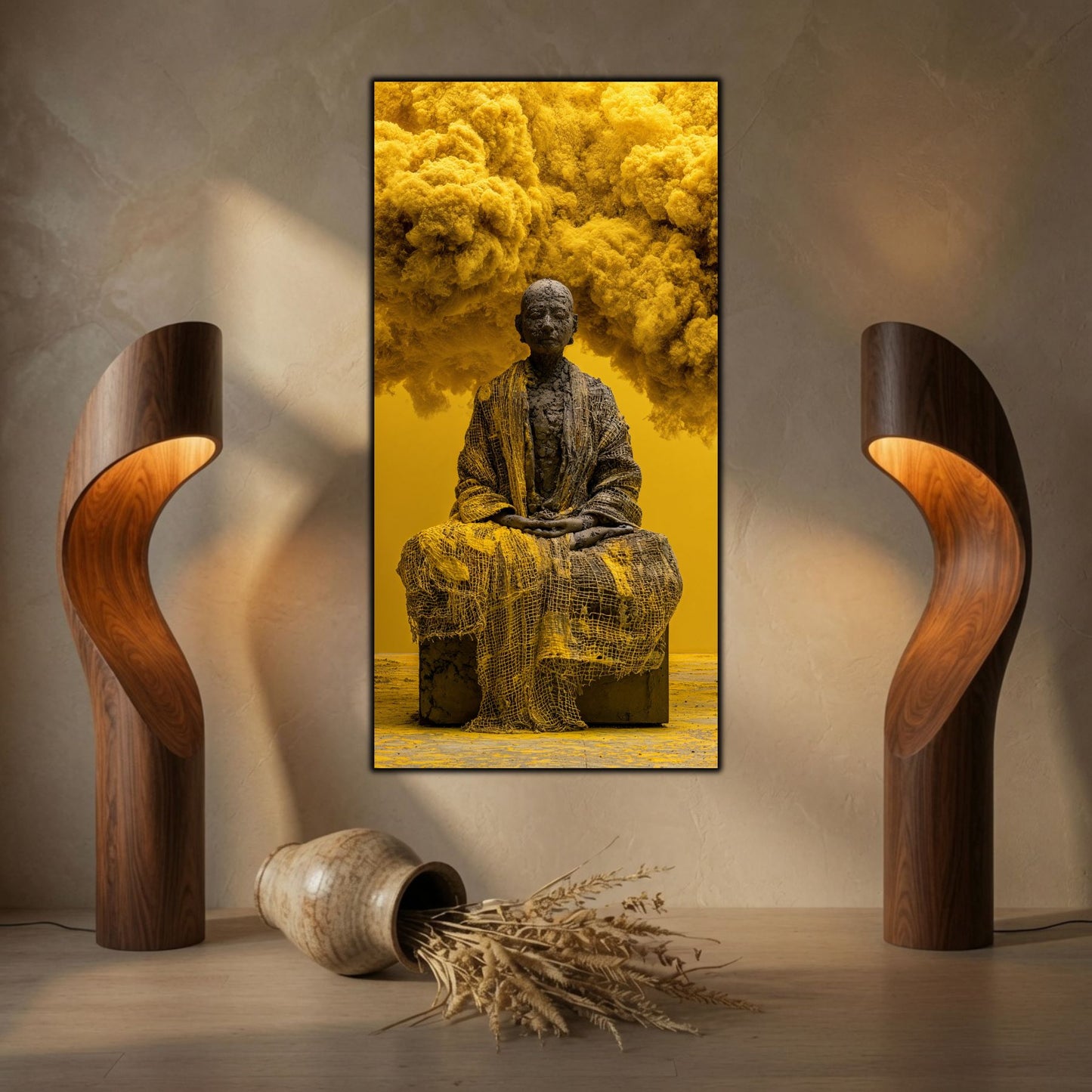 Tablou de artă zen din sticlă, element central de decor integrat armonios pe un perete dedicat meditației.