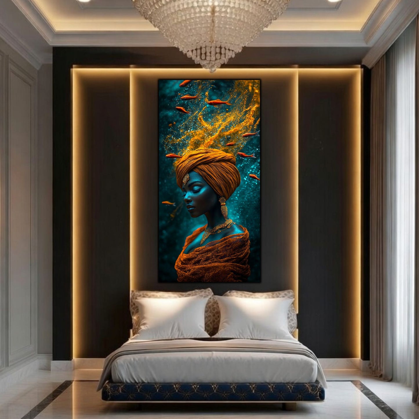 Integrare tablou în decor interior modern, estetică zen-luxury și iluminare reflexivă perfect echilibrată.
