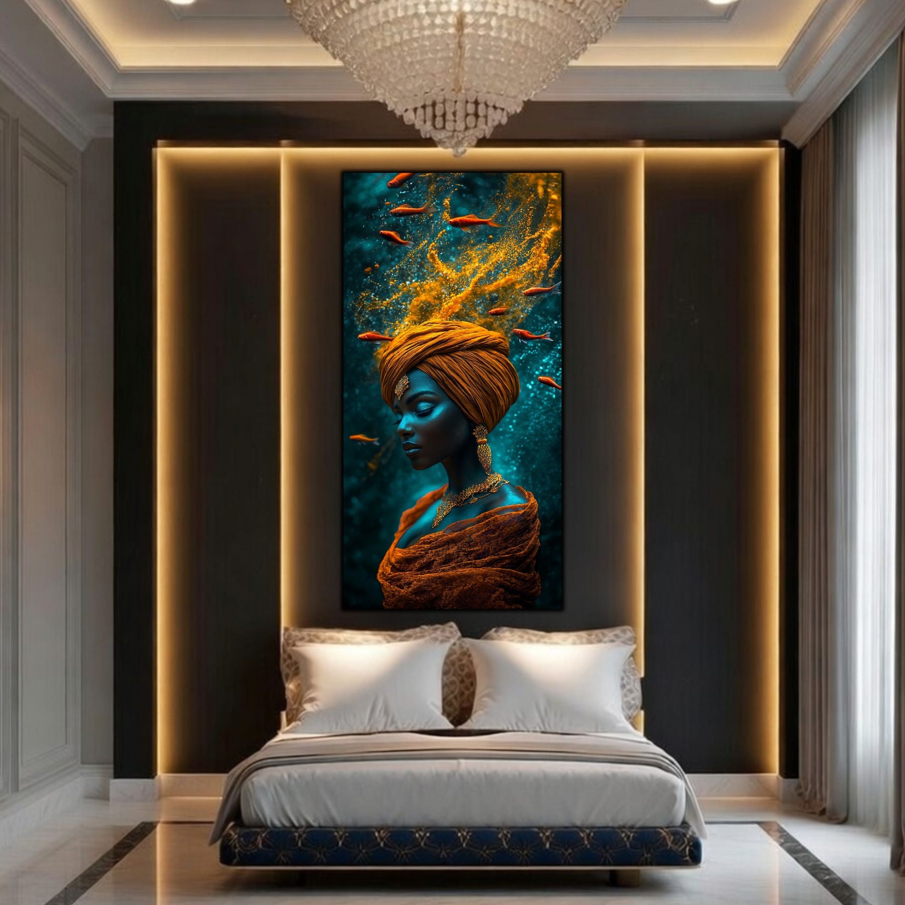 Integrare tablou în decor interior modern, estetică zen-luxury și iluminare reflexivă perfect echilibrată.