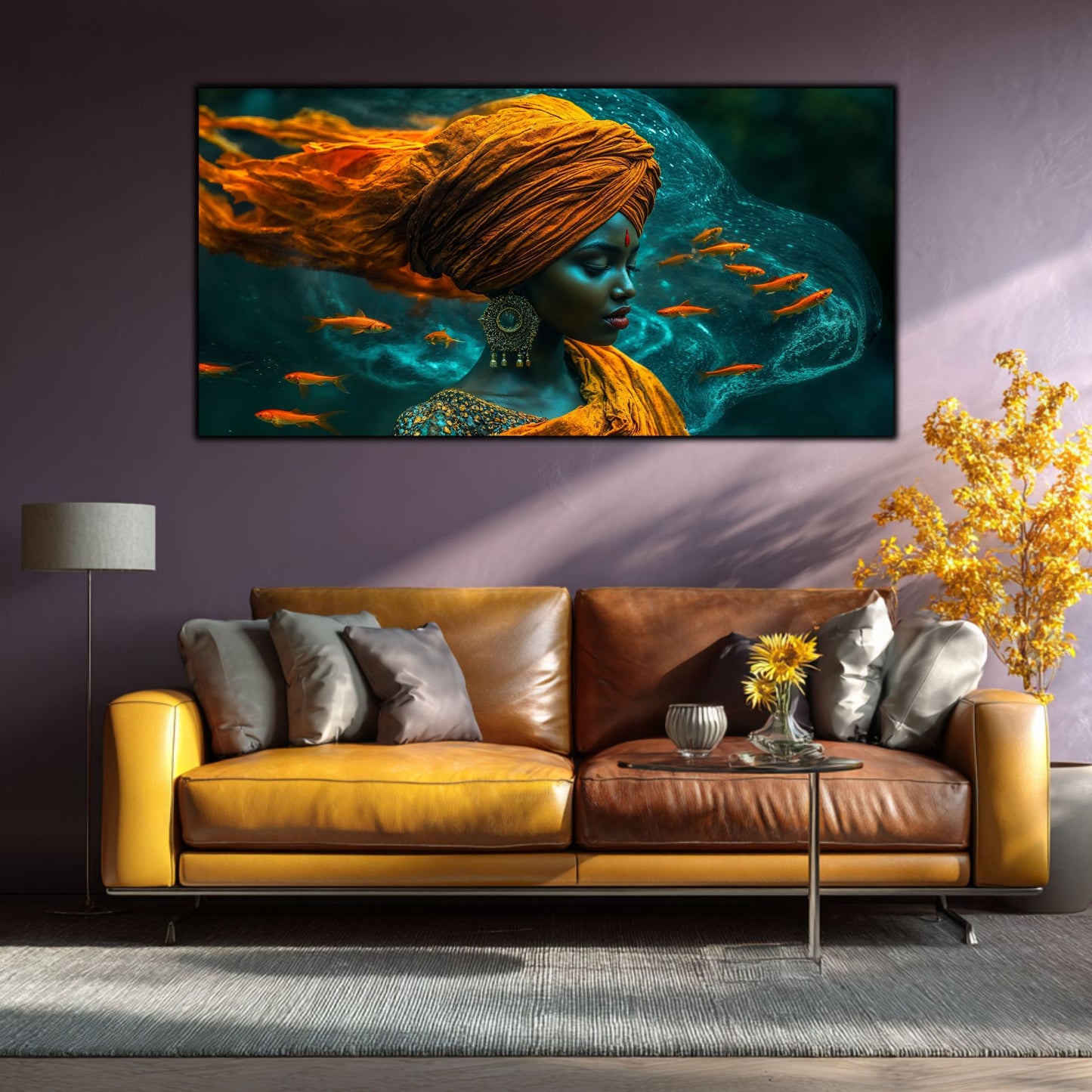 Tablou deasupra unei canapele maro, din sticla securizata, cu portret feminin, surprins într-o stare de meditație profundă sub apă. 