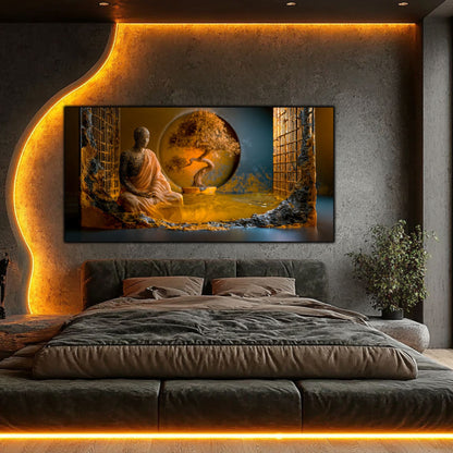 Tablou modern si zen intr-un dormitor iluminat cu banda led 