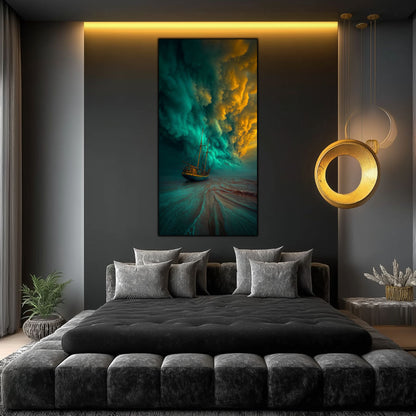 tablou pe sticla cu furtuna dramatica pe mare si o corabie essuata sub un cer turcoaz. Apogeul furtunii este un tablou impresionant in orice living l-ai pune