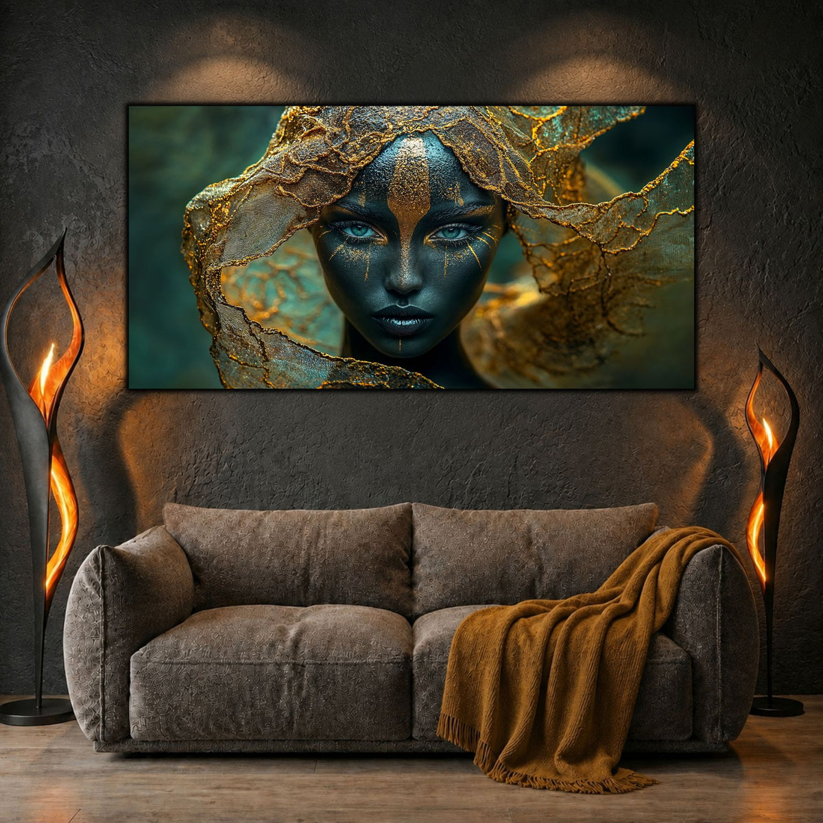 Tablou din sticlă pentru dormitor art-zen ediție unicat 1/1 portret femeie văl auriu sticlă securizată 4mm living sau dormitor modern