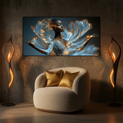 Tabloul decorativ Celestial Veil completează un living modern prin transparențe eterice, lumină aurie și eleganță contemporană.