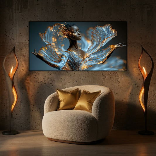 Tabloul decorativ Celestial Veil completează un living modern prin transparențe eterice, lumină aurie și eleganță contemporană.