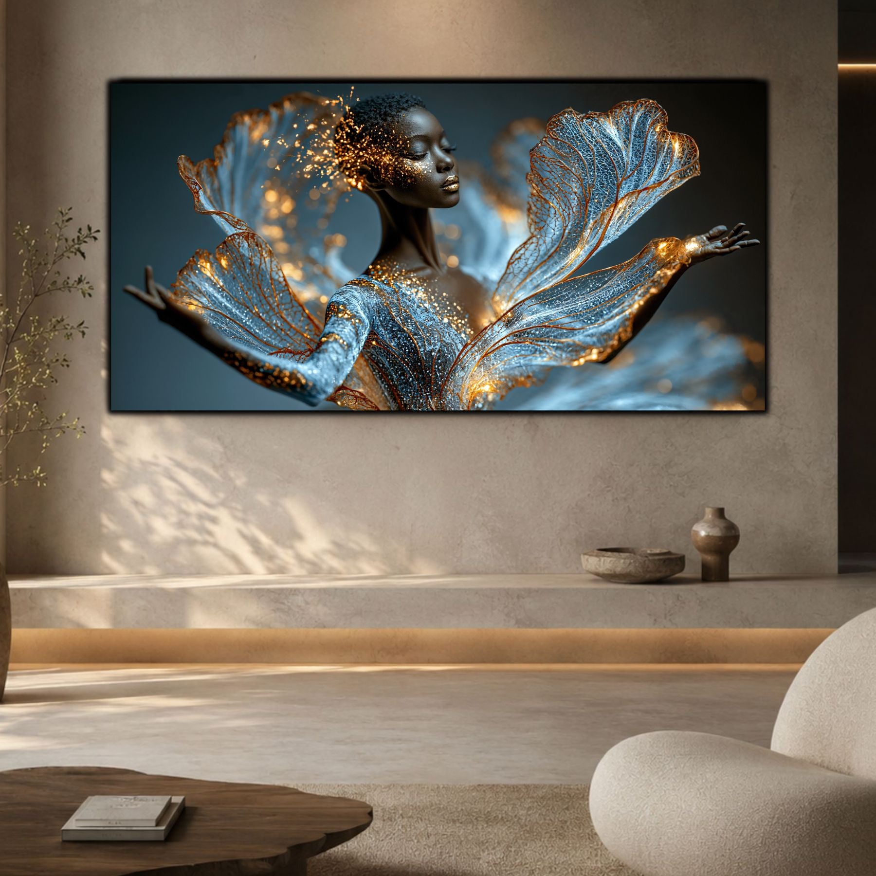 Tablou decorativ pe sticlă Celestial Veil integrat într-un interior minimalist, unde lumina devine parte din designul spațiului.