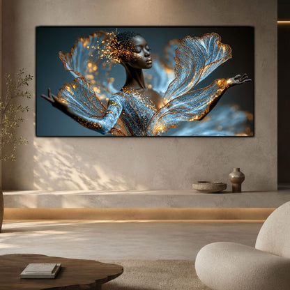 Tablou decorativ pe sticlă Celestial Veil integrat într-un interior minimalist, unde lumina devine parte din designul spațiului.