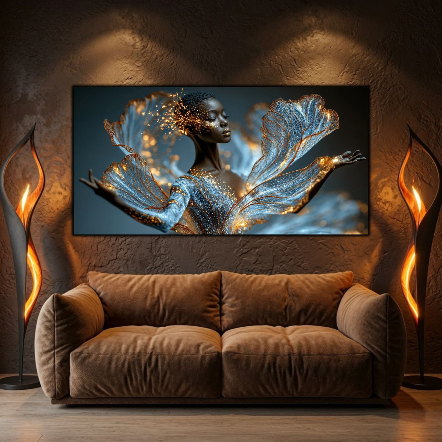 Celestial Veil transformă un living elegant într-un spațiu contemplativ prin compoziția inspirată de nebuloase și lumină.