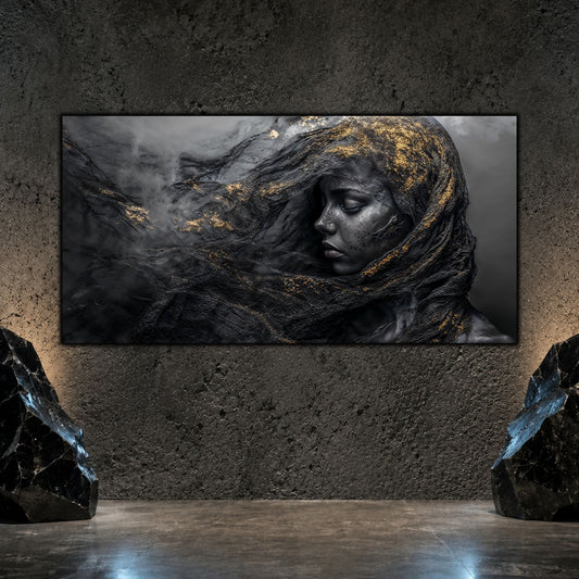 Tablou pe sticlă cu portret feminin învăluit în umbre, fum și accente aurii discrete, creat pentru interioare contemporane și contemplative.