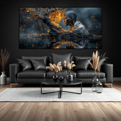 Tablou pe sticla ce transmite o stare meditativa, cu portret barbatesc meditand sub clar de luna, scufundat in apa unui lac si in ganduri interioare. Un tablou despre adevarul interior.