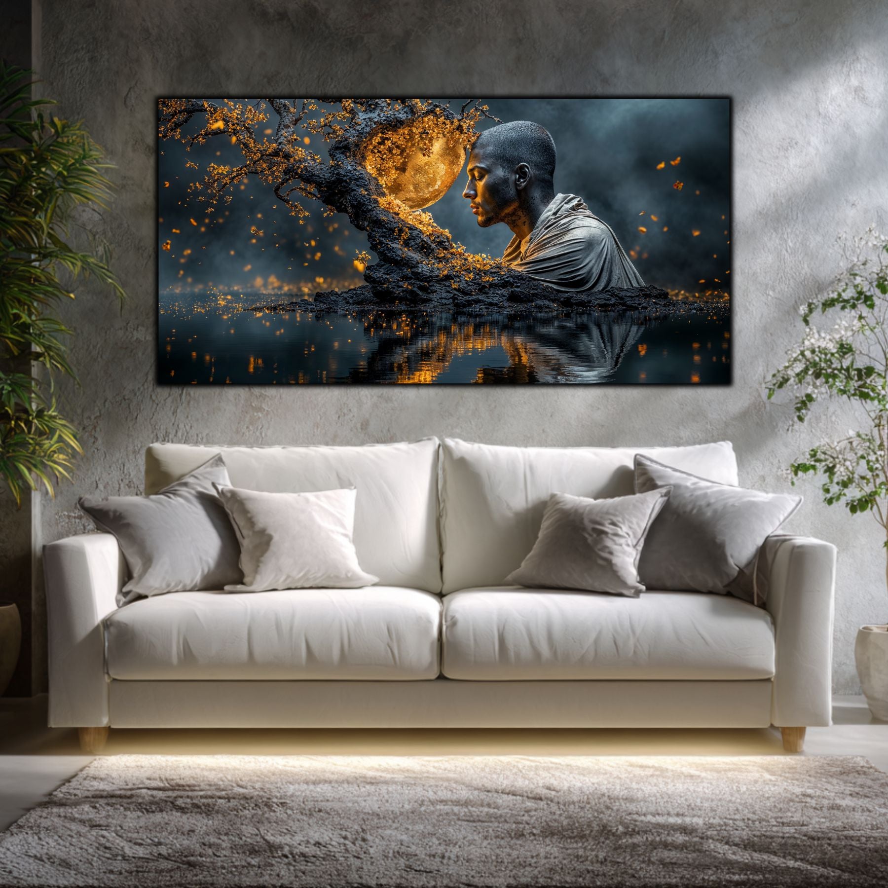 Tablou sufragerie nocturn Meditație sub Clar de Lună, artă pe sticlă securizată în nuanțe de albastru și argintiu, decor perete pentru meditație și relaxare.