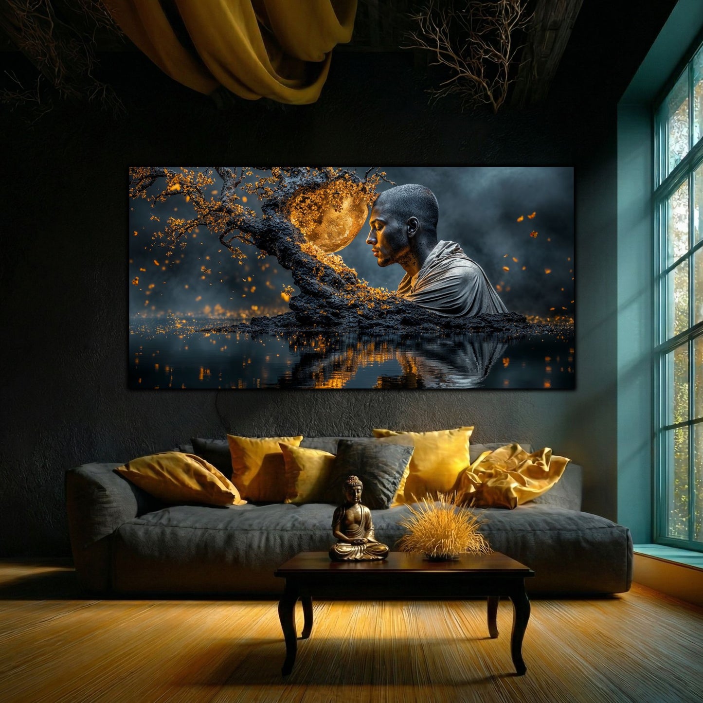 Tablou Sufragerie „Meditație sub Clar de Lună” – Artă pe Sticlă în Culori Nocturne