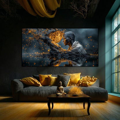 Tablou Sufragerie „Meditație sub Clar de Lună” – Artă pe Sticlă în Culori Nocturne