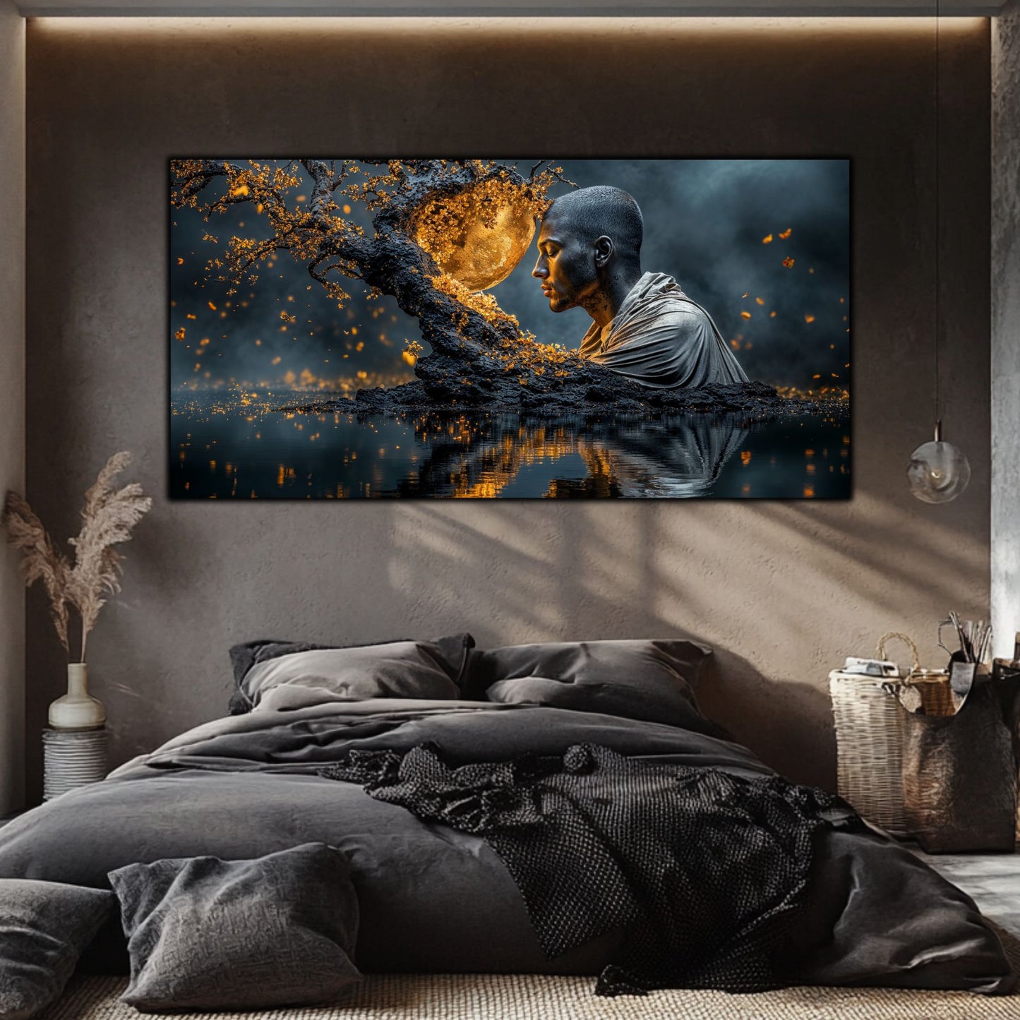 Tablou Sufragerie „Meditație sub Clar de Lună” – Artă pe Sticlă în Culori Nocturne