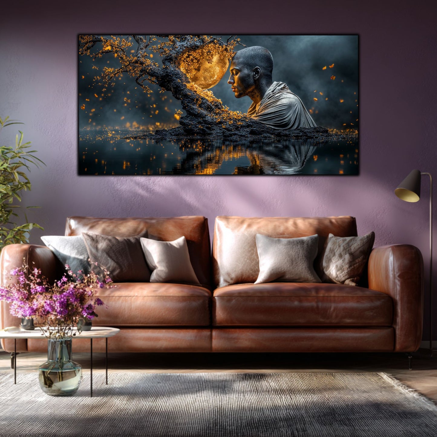 Tablou Sufragerie „Meditație sub Clar de Lună” – Artă pe Sticlă în Culori Nocturne