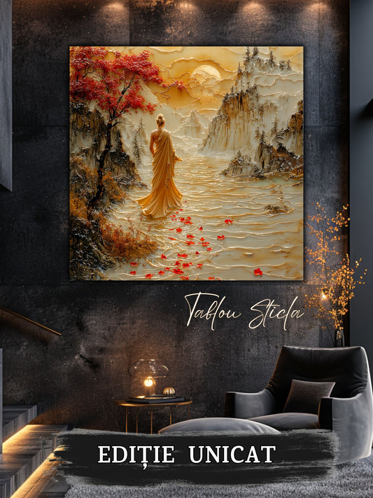 Mockup 1 – Tablou pentru living – Sub ramurile roșii: O siluetă care traversează o lume de toamnă și piatră, print UV pe sticlă securizată | Art-Zen