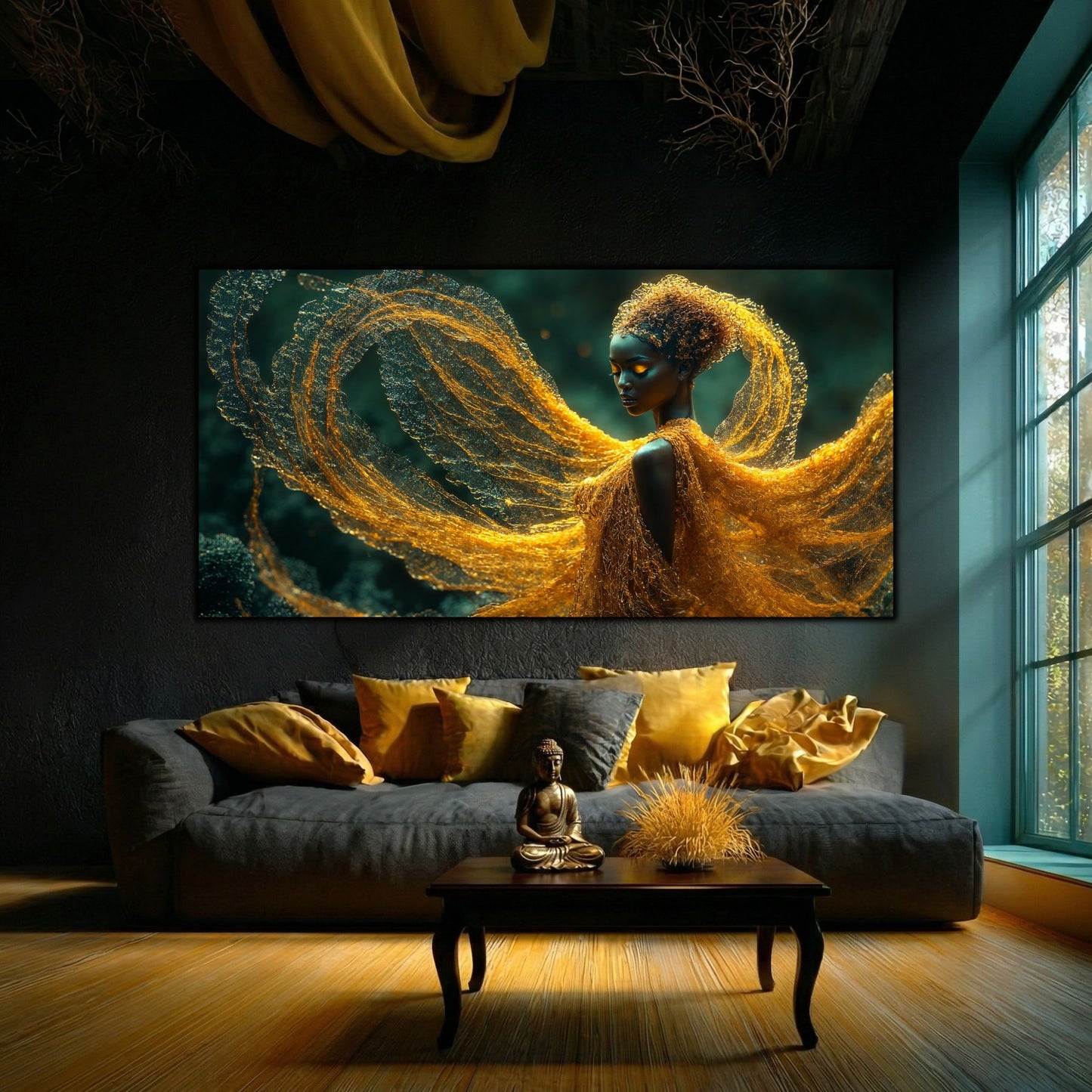 Tabou pe sticla cu arta moderna si calitate de lux, cu portretul abstract si impresionant al unei femei meditative in voal galben.