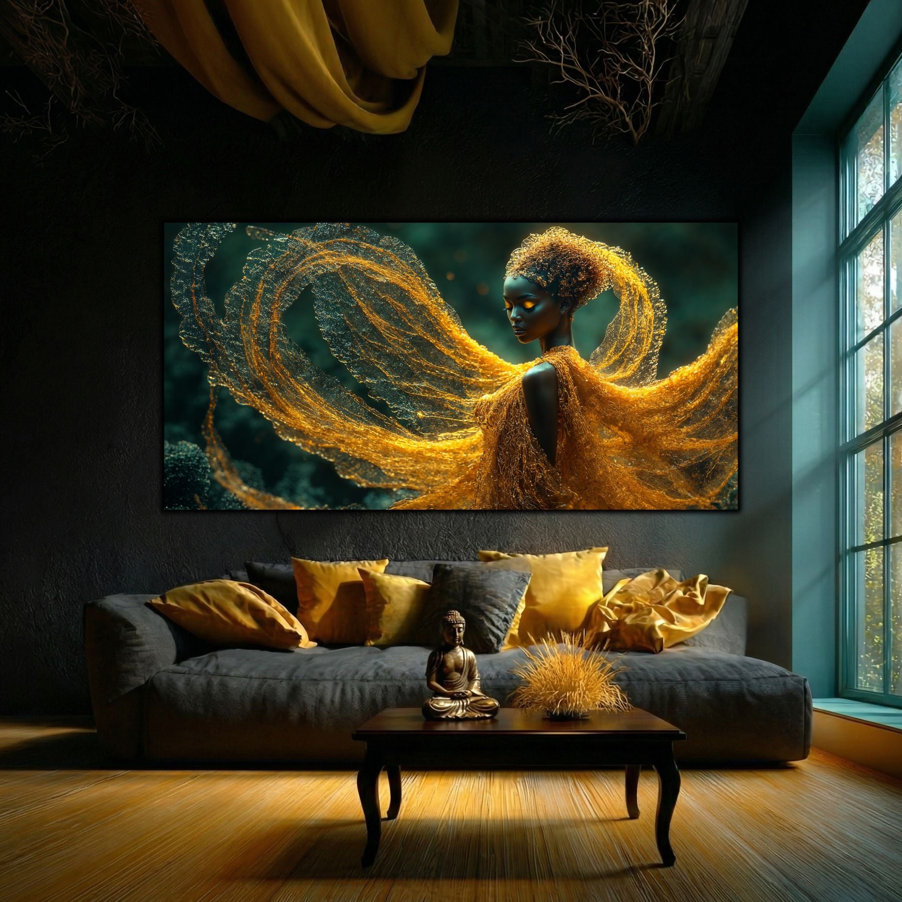 Tabou pe sticla cu arta moderna si calitate de lux, cu portretul abstract si impresionant al unei femei meditative in voal galben.