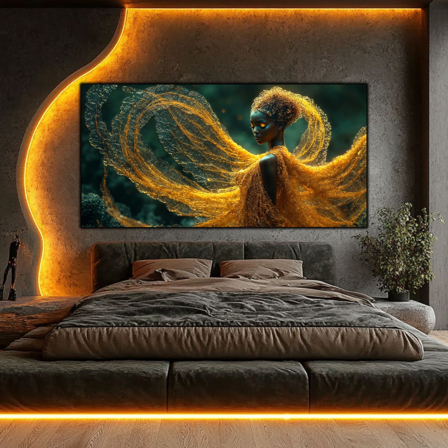 Tablou abstract modern Mantia Aurie, artă pe sticlă securizată cu reflexii metalice și detalii aurii, decor luxos pentru perete sufragerie contemporană.