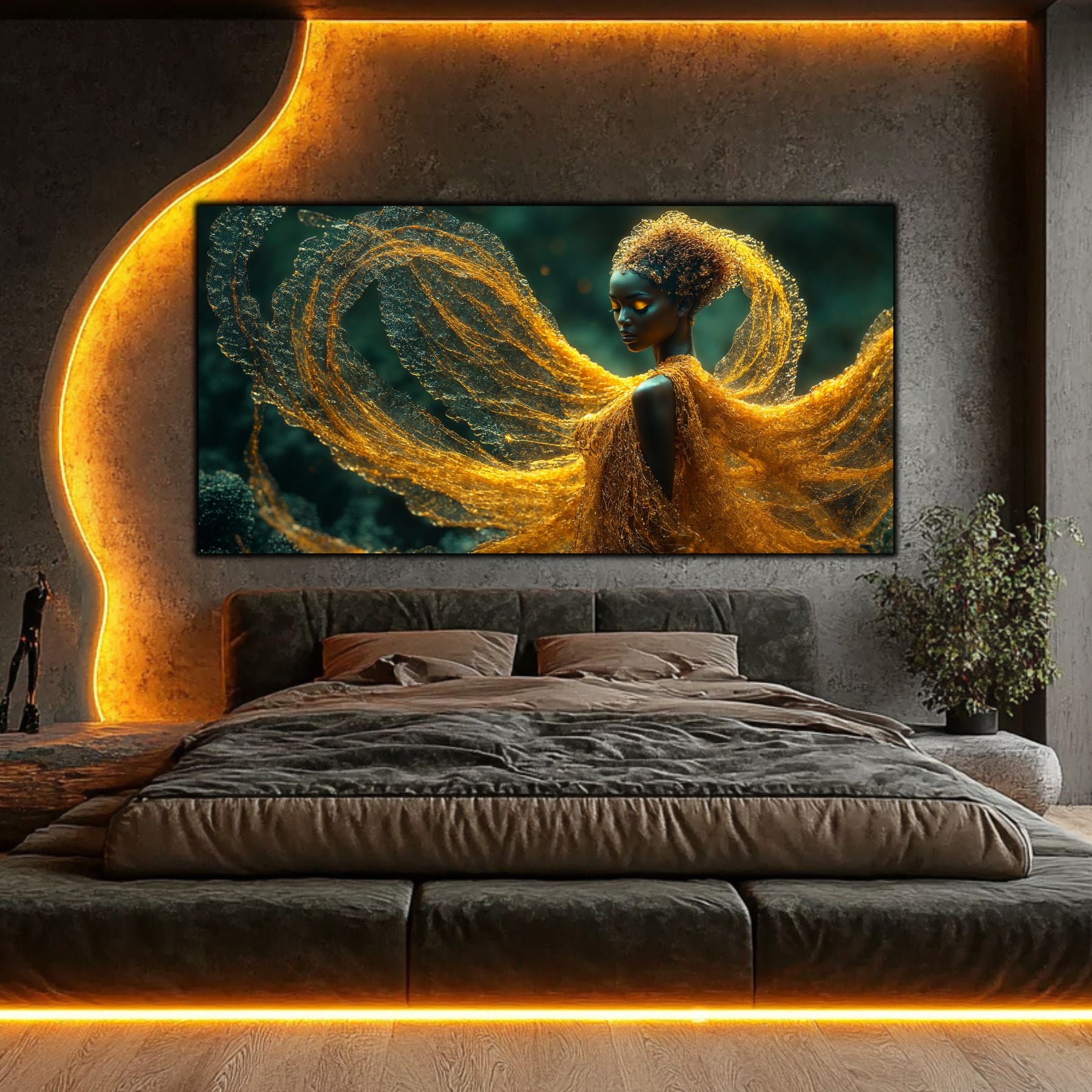 Tablou abstract modern Mantia Aurie, artă pe sticlă securizată cu reflexii metalice și detalii aurii, decor luxos pentru perete sufragerie contemporană.